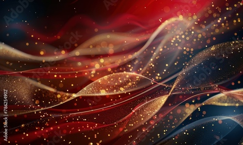 Red rich background with golden lines, luxury curves, and light effect with shimmering bokeh elements.