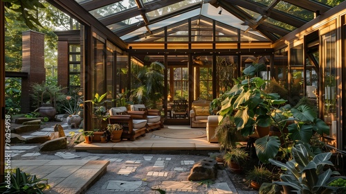 Garden oasis blending effortlessly with the contemporary lines of the sunroom. © Tahira