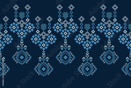 Traditional ethnic motifs ikat geometric fabric pattern cross stitch.Ikat embroidery Ethnic oriental Pixel navy blue background. Abstract,vector,illustration. Texture,scarf,decoration,wallpaper.