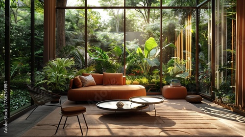 Garden oasis seen through the contemporary design of the sunroom s glass.