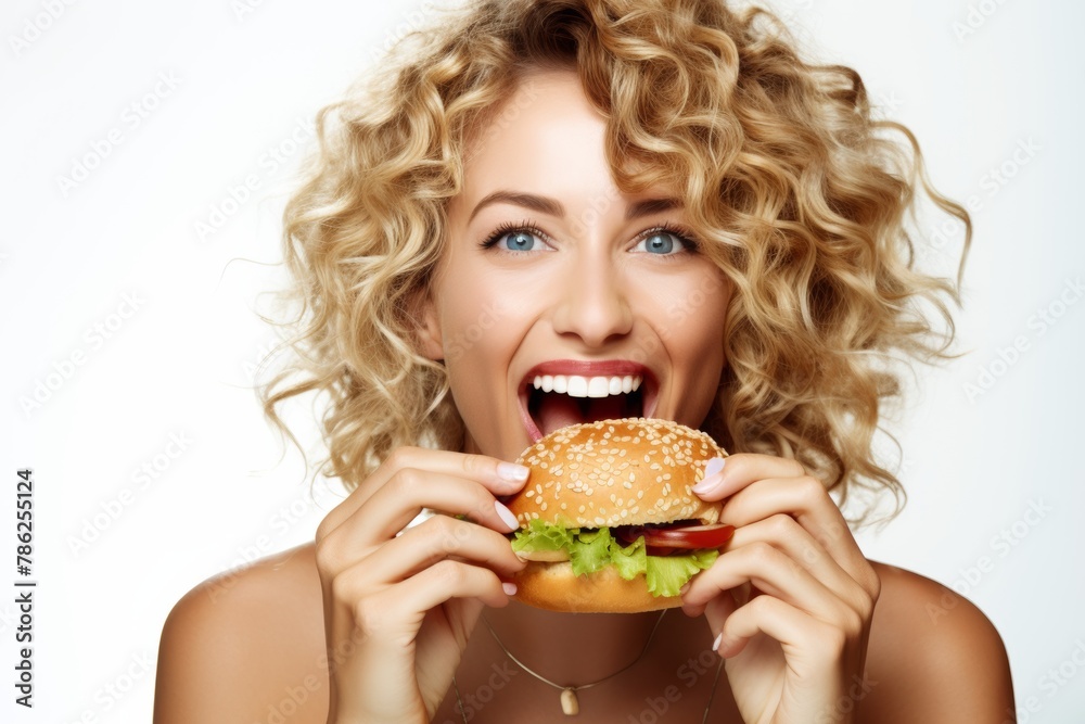Woman joyfully eating a burger, curly blond hair and necklace. Woman joyfully eating a burger, curly blond hair and necklace.