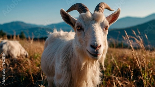 Beautiful portrait of hornes white goat. Domestic animal mammal pet wildlife photography illustration. Capra hircus. photo
