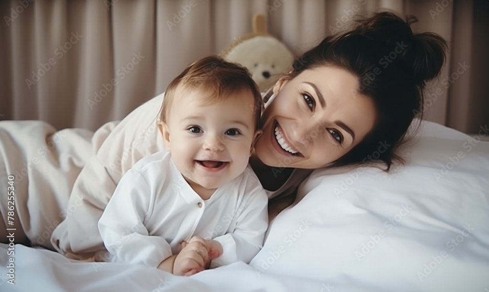 Mother and child laughing together, cozy home setting. Mother and child laughing together, cozy home setting.