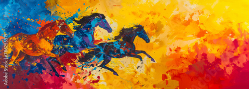 Colorful galloping horse abstract paint splash acrylic painting. Blue, yellow, red paint splatter banner of thee fast horses for mobile background with copy space 