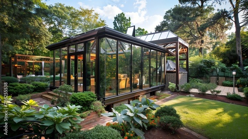 Glass-encased conservatory offering a tranquil retreat amidst the lush garden setting.