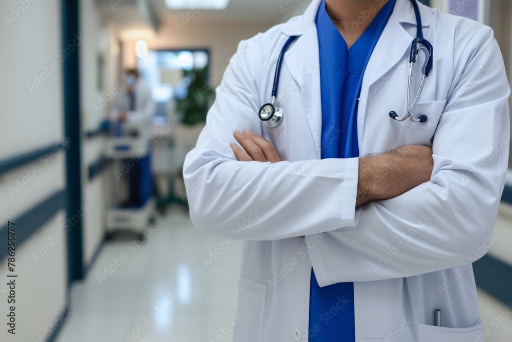 A doctor stands in the hospital corridor with his arms crossed. He is wearing a white robe and a blue shirt. phonendoscope on the neck. Blank space for insertion A doctor stands in the hospital corridor with his arms crossed. He is wearing a white robe and a blue shirt. phonendoscope on the neck. Blank space for insertion
