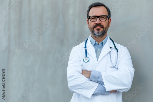 A man doctor stands with his arms crossed on a light gray background, a banner with an empty copy space.