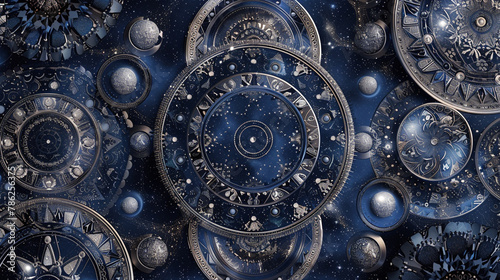 Mystical mandala in midnight blue and silver, cosmic patterns capture night sky beauty.