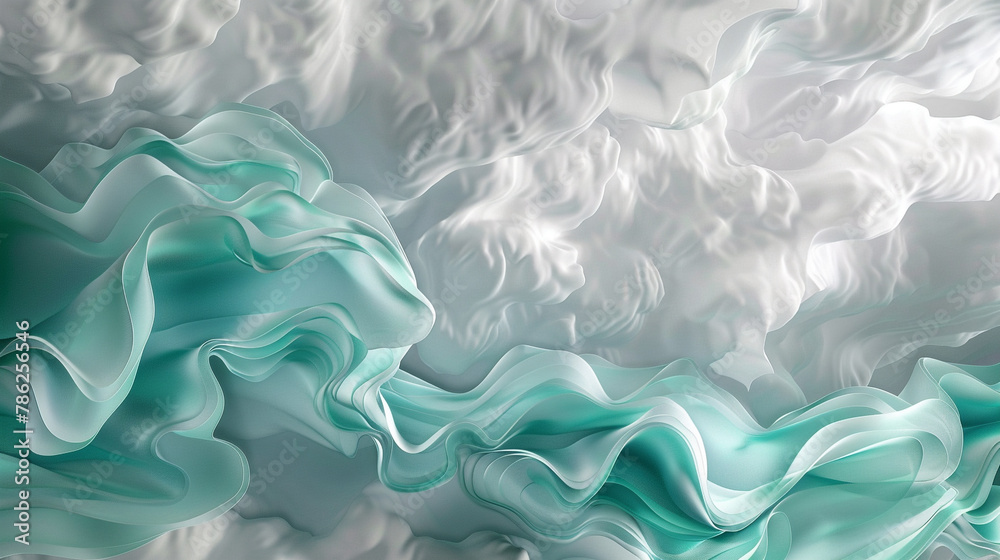 Obraz premium Teal and white clouds drift on silver, suggesting dawn's tranquility.