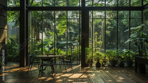 Lush garden vistas captured through the transparent walls of the conservatory. photo