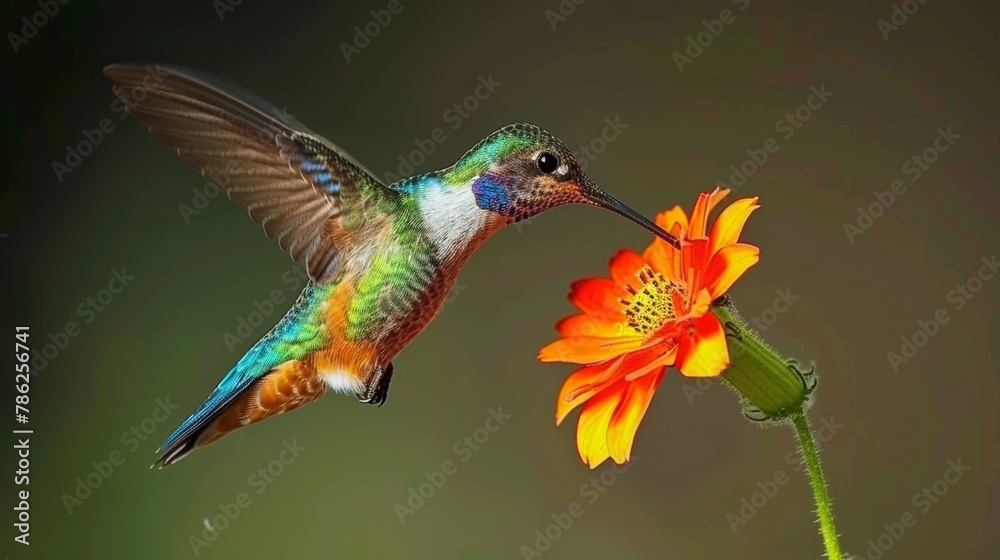 Fototapeta premium Graceful hummingbirds flying, aiming for vibrant flower nectar in a beautiful display