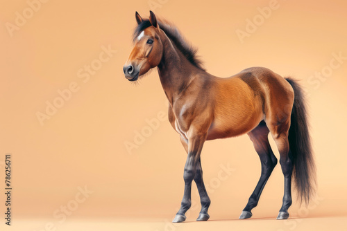 A one-year-old riding foal  studio photo on a beige background