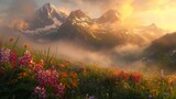 A breathtaking landscape photograph capturing the ethereal beauty of a remote mountain range bathed in the soft light of dawn.