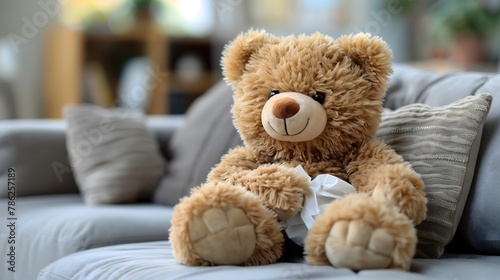 A cuddly teddy bear sits comfortably on a plush sofa, surrounded by cozy cushions, offering a heartwarming touch to the inviting living room setting.