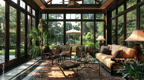 Polished sunroom design integrating with the natural splendor of the garden.