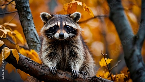 Beautiful portrait of a raccoon surrounded by orange autumn leaves. Animal mammal wildlife photography illustration. Procyon lotor. photo
