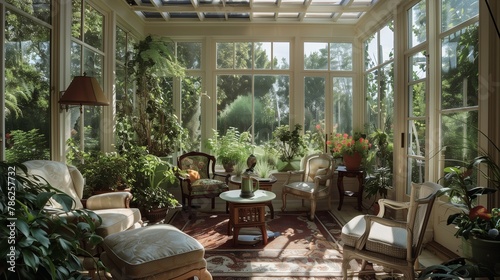 Sun-drenched conservatory seamlessly extending into a flourishing garden paradise.