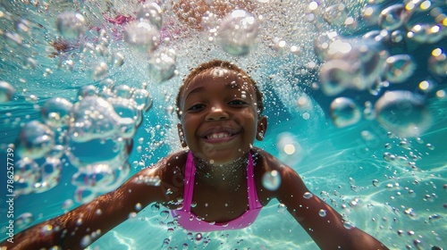 A child wearing a pink swimsuit enjoys spinning underwater in a pool amid bubbles while promoting a healthy family lifestyle and engaging in water sports activities that contribute to child © 2rogan