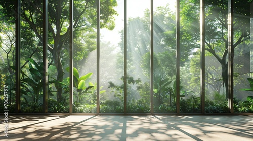 Sunlight dancing on sleek glass panels, framing lush greenery outside.