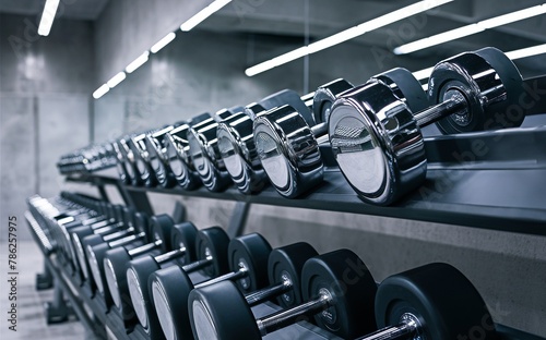Modern Gym Interior Boasting Chrome Dumbbells Neatly Arranged on a Black Rack