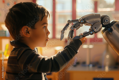endearing moment frozen in time as an elementary schoolboy reaches out to touch a robotic hand, emphasizing the blend of innovation and education in modern classrooms.