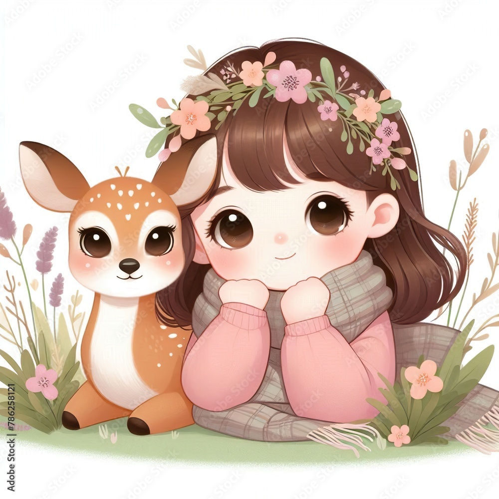 Fototapeta premium nice cute little girl snuggle up to her doe grass little flowers illustration