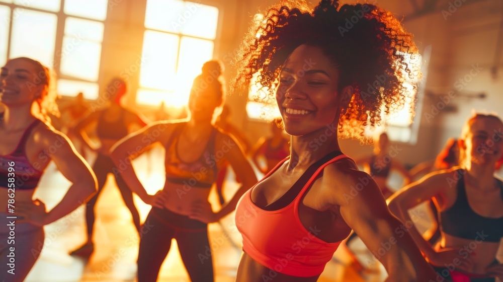 Women in a fitness studio. A vibrant fitness photograph capturing the energy and vitality of a group exercise class in a sunlit studio.
