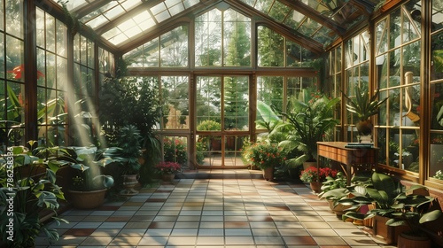 Sunlit conservatory beckoning with its tranquil garden tableau beyond.