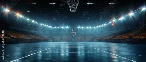 Spotlight on an Empty Basketball Court Inside a Professional Sports Stadium, dark atmosphere