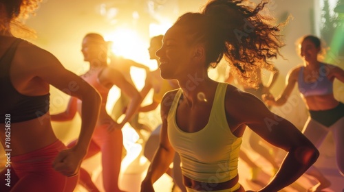 Women in a fitness studio. A vibrant fitness photograph capturing the energy and vitality of a group exercise class in a sunlit studio.