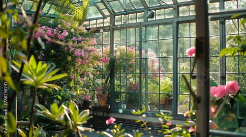 Sunroom s glass architecture capturing the vibrant hues of blooming flora.