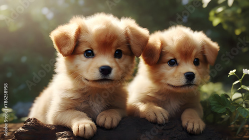 Two cute brown puppies, gazing forward, resting on a wooden log in a lush natural setting. Ideal for cute puppies, cute dogs, and dog lover content.
