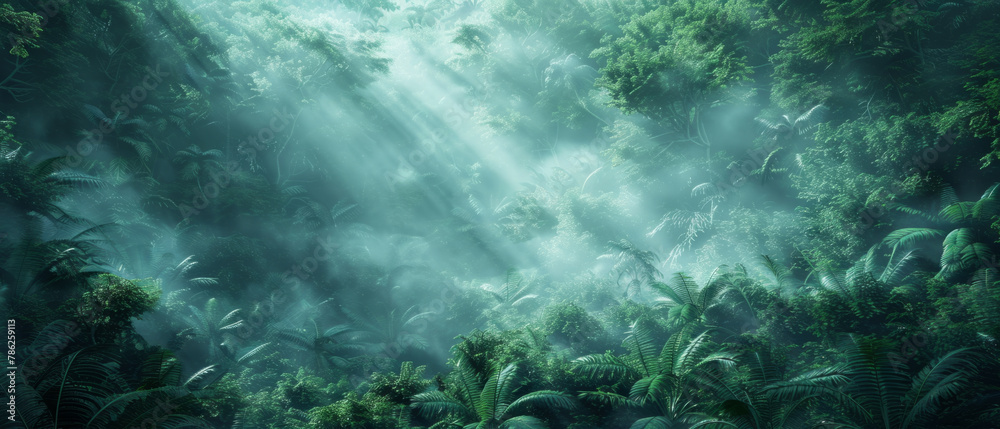 A mesmerizing 3D illustration of a mysterious and lush jungle forest engulfed in fog, creating an enchanting oasis of natural beauty.
