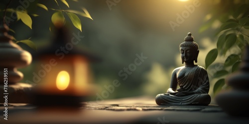 Buddha statue. A peaceful scene of someone practicing yoga or meditation in a serene natural setting  promoting mental and emotional well-being.