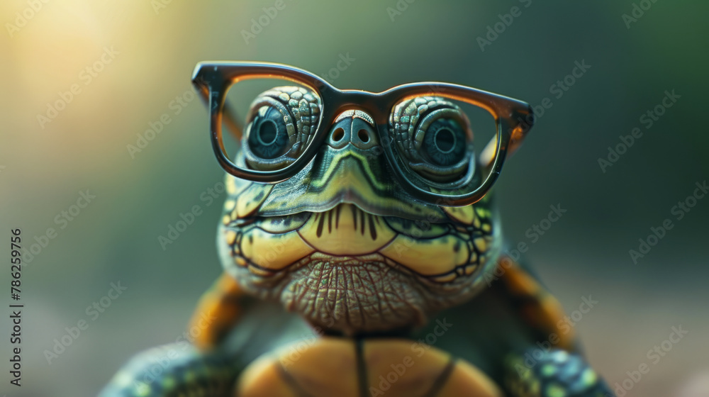Adorable green turtle wearing glasses in a studio setting.