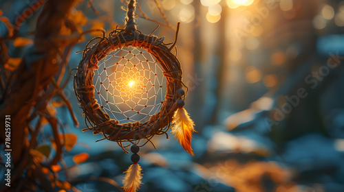 A close up of a wood twig dream catcher hanging, The soft glow of a dreamcatcher39s beads catches the light casting a calming aura in the roo 