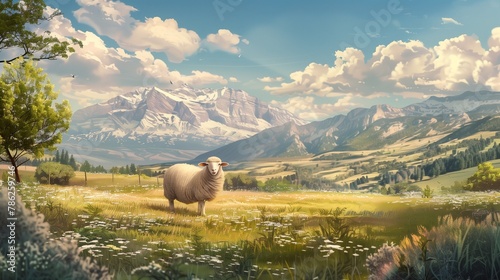 Paint a picturesque scene with a cute sheep in a field, set against the backdrop of majestic mountains. 
