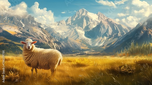 Paint a picturesque scene with a cute sheep in a field, set against the backdrop of majestic mountains. 