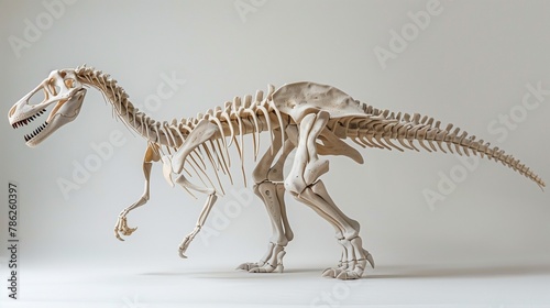 Sculpt a captivating scene featuring the skeletal remains of a dinosaur against a pristine white background 