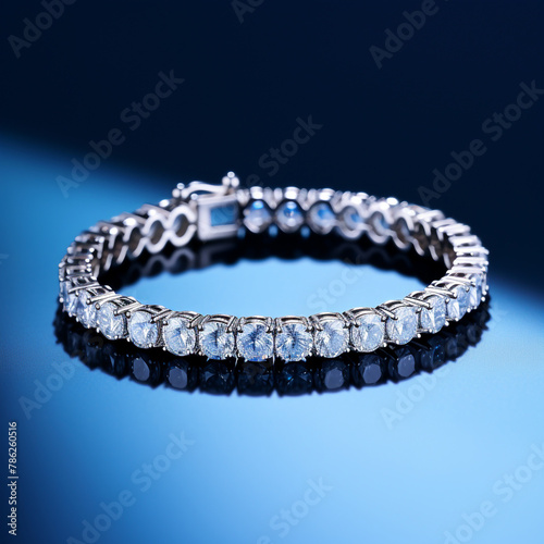realistic diamond tennis bracelet photographed in a egg-blue studio background сreated with Generative Ai