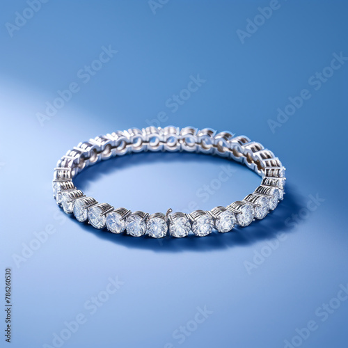 realistic diamond tennis bracelet photographed in a egg-blue studio background сreated with Generative Ai