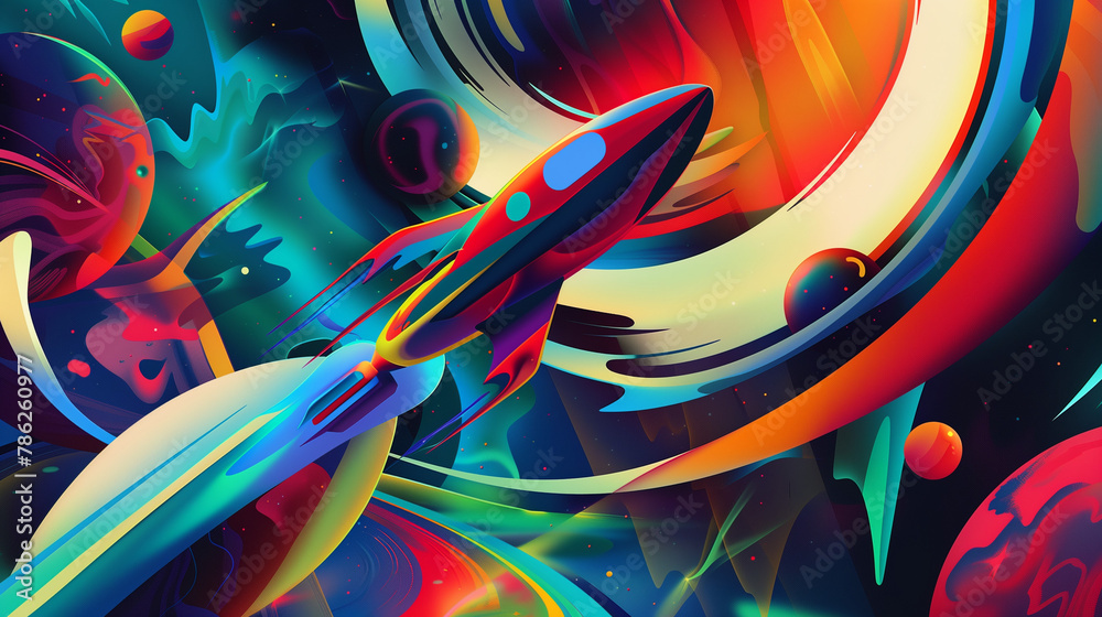 Retro illustration capturing a rocket's journey through swirling galaxies and otherworldly landscapes Retro illustration capturing a rocket's journey through swirling galaxies and otherworldly landscapes