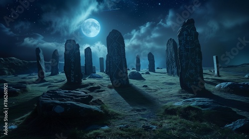 AI-generated illustration of the moon in a night sky illuminating ancient rocks in a meadow