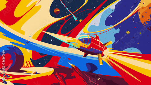 Vintage-style artwork illustrating a rocket's launch into space amidst cosmic galaxies and alien landscapes