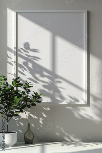 A minimalistic frame mockup on a white wall with leaf shadows creates a tranquil and artistic atmosphere.