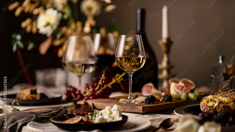 Naklejka premium Construct a refined dining setting displaying gourmet dishes, quality wine, and elegant floral arrangements.