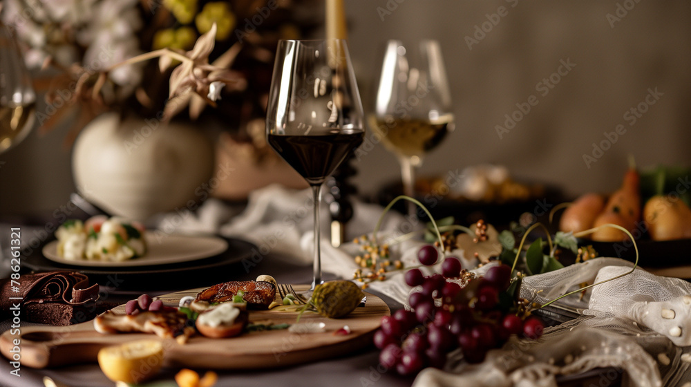 Devise an elegant dining scene portraying gourmet cuisine, premium wine, and decorative floral centerpieces.