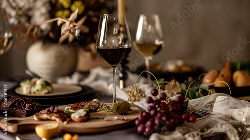 Devise an elegant dining scene portraying gourmet cuisine, premium wine, and decorative floral centerpieces.