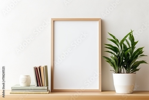 A white-framed picture sits on a shelf next to a potted plant
