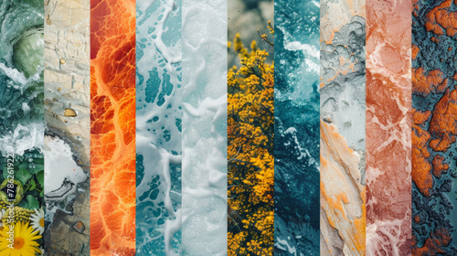 A stunning collage of various natural Earth textures seamlessly melded together to create a mesmerizing abstract background. A harmonious fusion of elements found in nature.